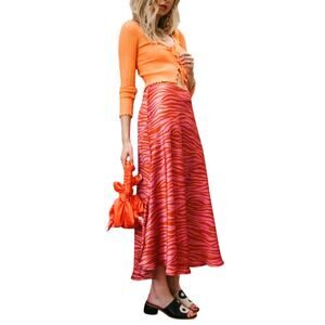 Monika Rust Orange Pink Patti Animal Print Maxi Skirt 100% Pure Silk XS